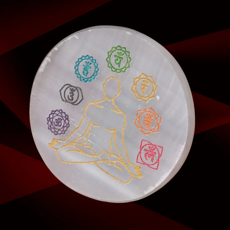Natural Selenite Crystal Charging Plate  with 7 Chakra Symbol